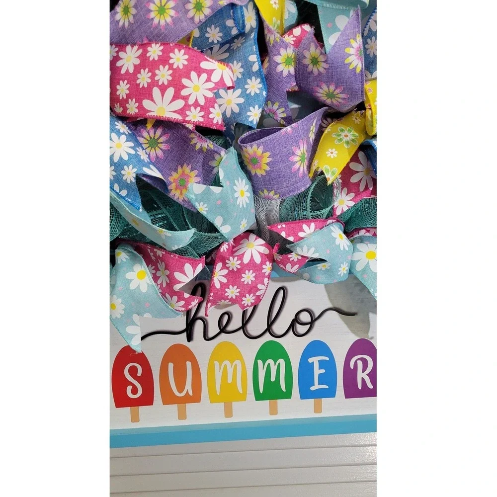 Hello Summer Popsicle Daisy Wreath Deco Mesh Ribbon Front Door Decor 24 Inch